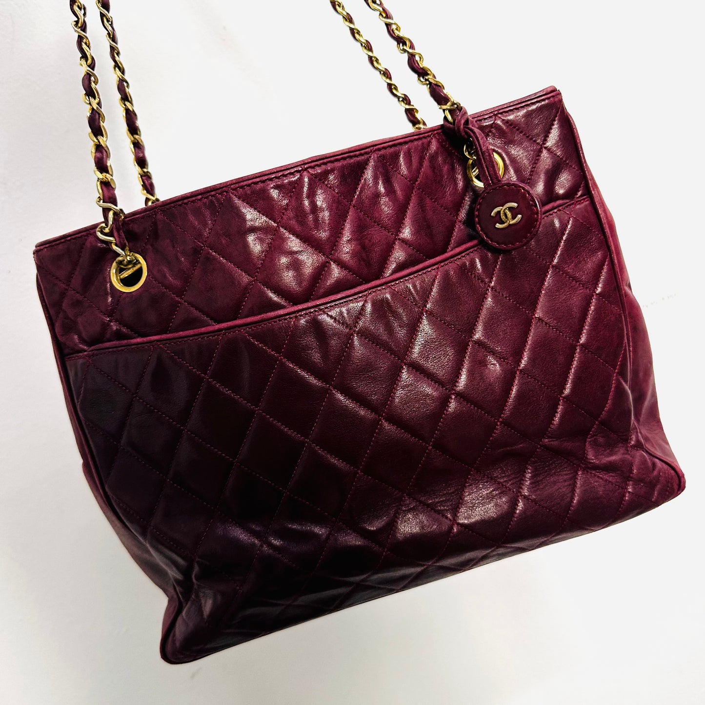 Chanel Burgundy Maroon GHW CC Coco Monogram Logo Quilted Lambskin Shoulder Shopper Chain Tote Bag 0s