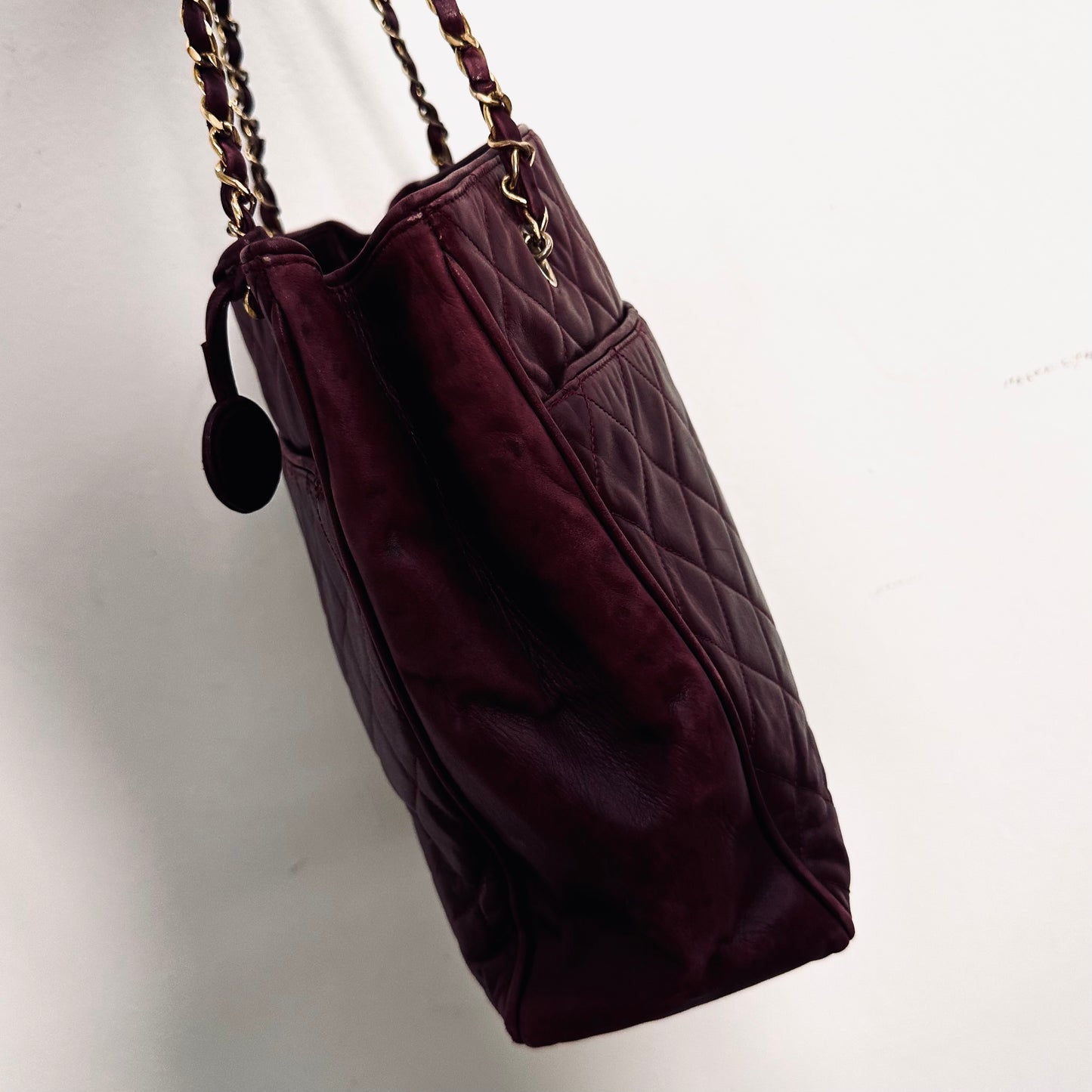 Chanel Burgundy Maroon GHW CC Coco Monogram Logo Quilted Lambskin Shoulder Shopper Chain Tote Bag 0s