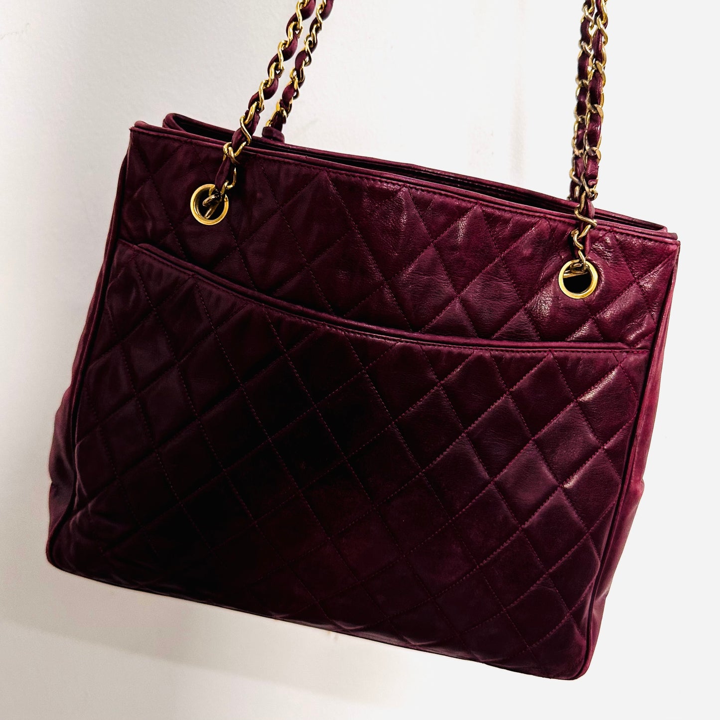 Chanel Burgundy Maroon GHW CC Coco Monogram Logo Quilted Lambskin Shoulder Shopper Chain Tote Bag 0s