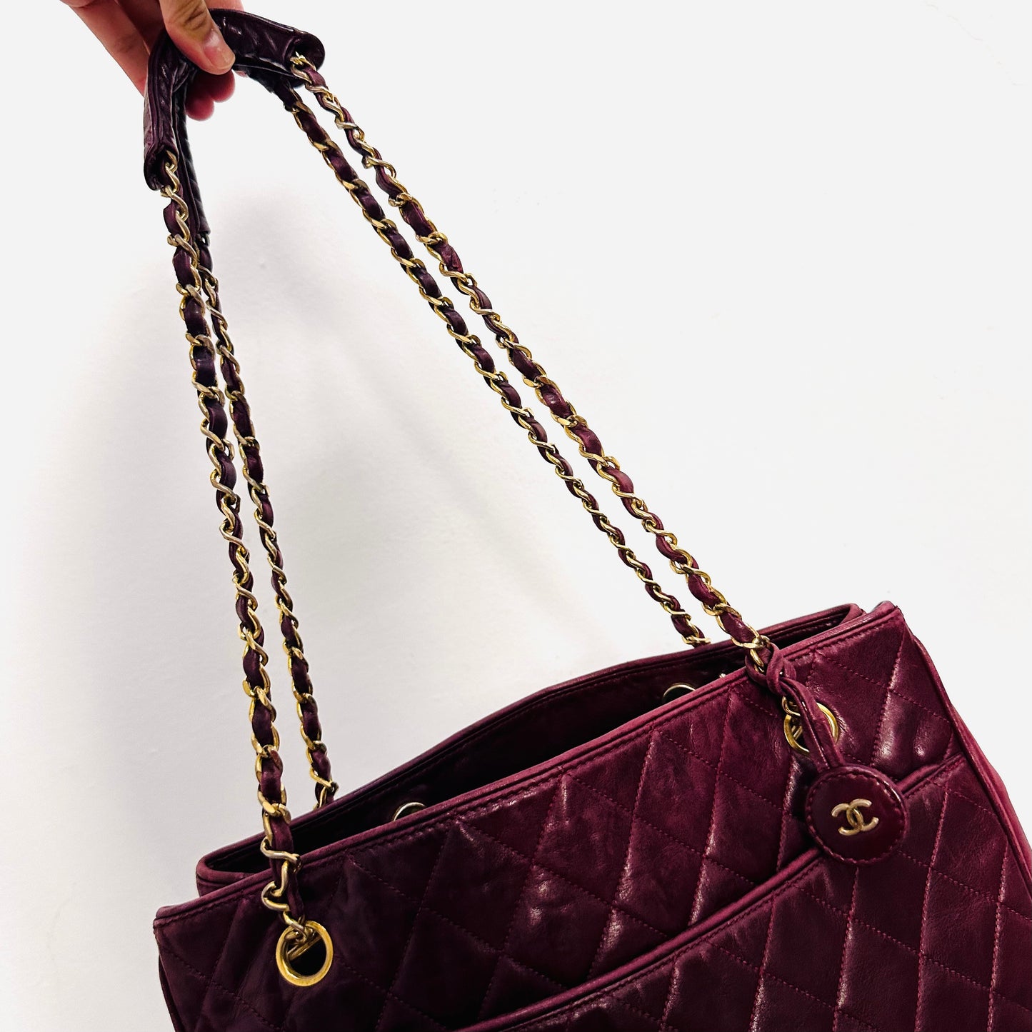 Chanel Burgundy Maroon GHW CC Coco Monogram Logo Quilted Lambskin Shoulder Shopper Chain Tote Bag 0s