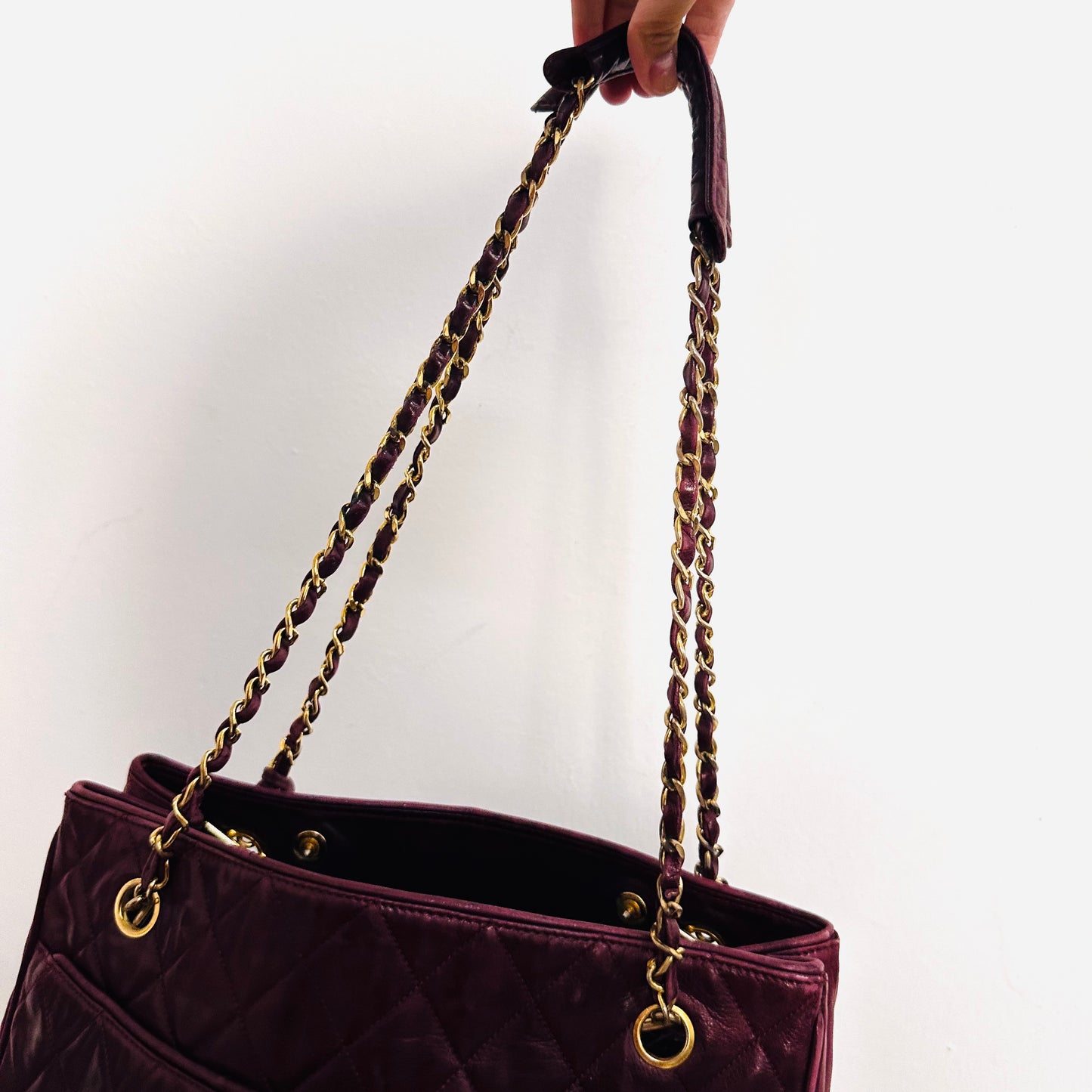 Chanel Burgundy Maroon GHW CC Coco Monogram Logo Quilted Lambskin Shoulder Shopper Chain Tote Bag 0s