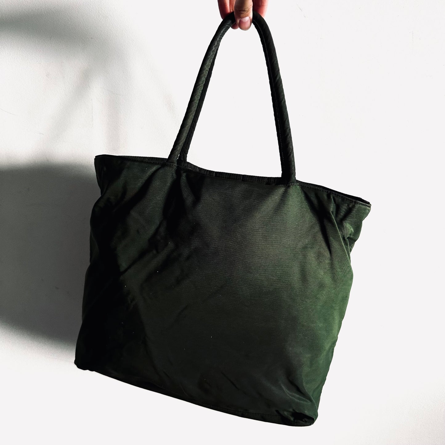 Prada Dark Khaki Tessuto Classic Logo Nylon Wide Zip Shoulder Tote Bag