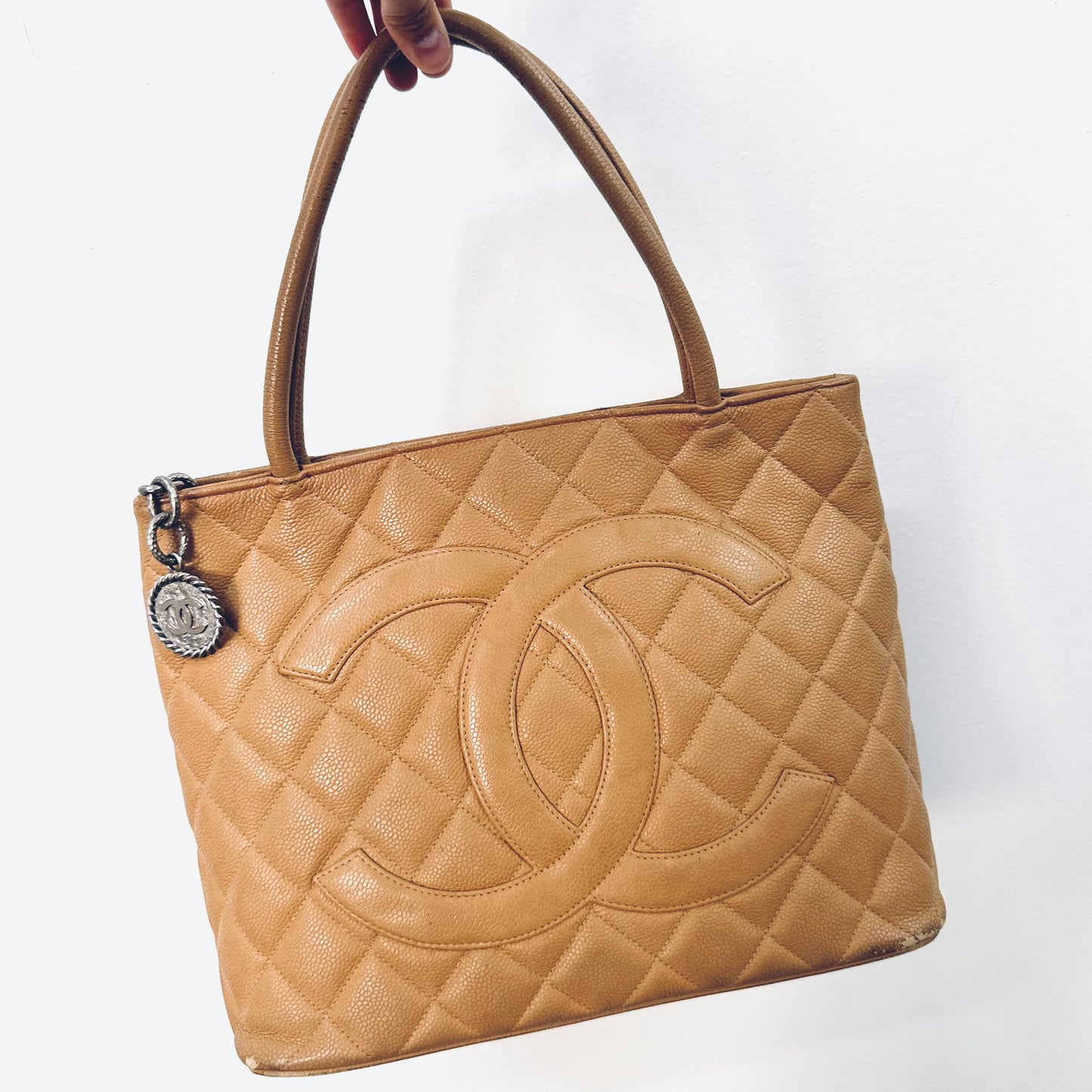 Chanel Caramel Brown Medallion Giant CC Monogram Logo Quilted Caviar Shoulder Shopper Tote Bag 6s