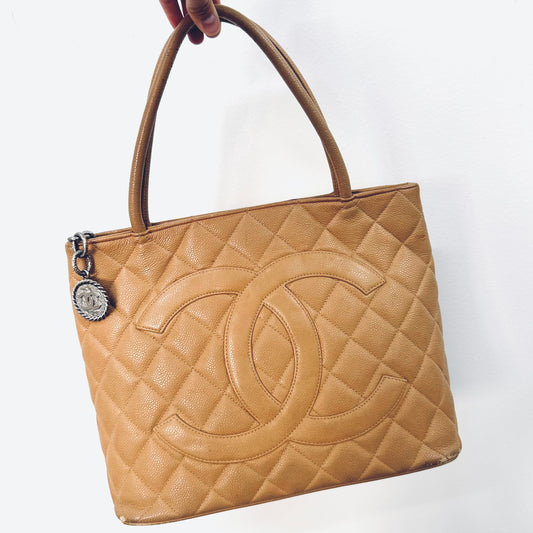 Chanel Caramel Brown Medallion Giant CC Monogram Logo Quilted Caviar Shoulder Shopper Tote Bag 6s