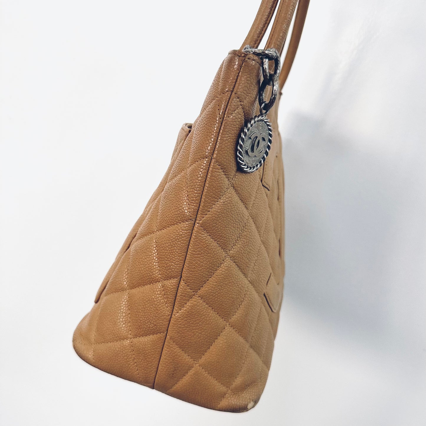 Chanel Caramel Brown Medallion Giant CC Monogram Logo Quilted Caviar Shoulder Shopper Tote Bag 6s