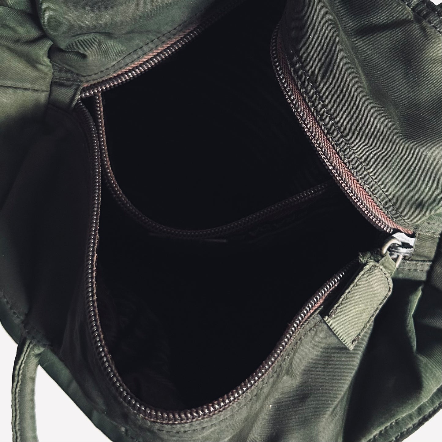 Prada Dark Khaki Tessuto Classic Logo Nylon Wide Zip Shoulder Tote Bag