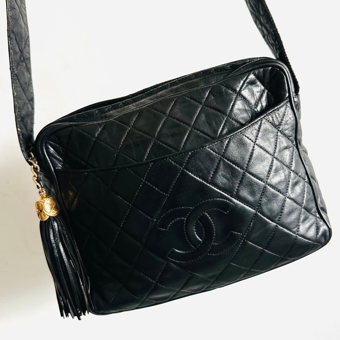 Chanel Black GHW Giant CC Logo Quilted Lambskin Camera Shoulder Sling Bag 2s With Tassel Fringe