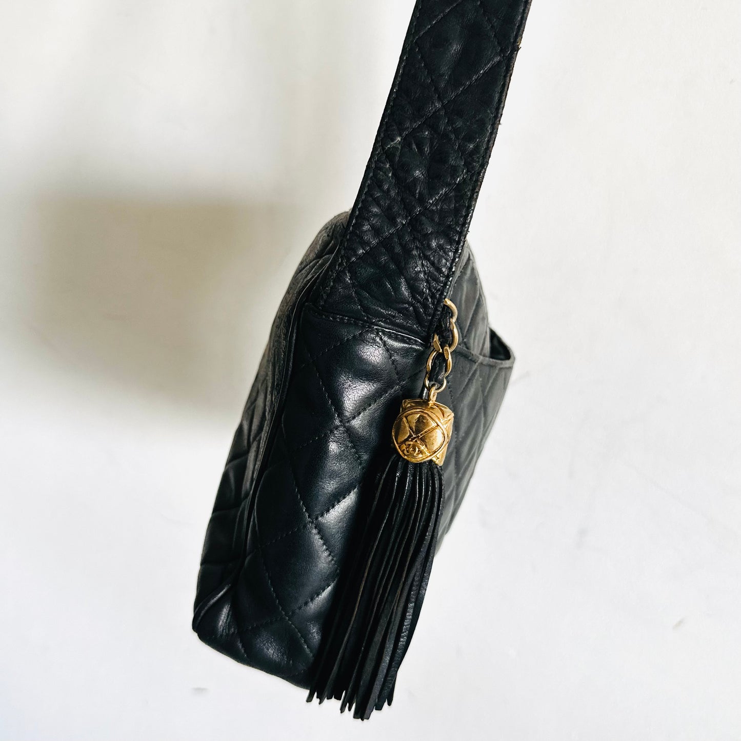 Chanel Black GHW Giant CC Logo Quilted Lambskin Camera Shoulder Sling Bag 2s With Tassel Fringe