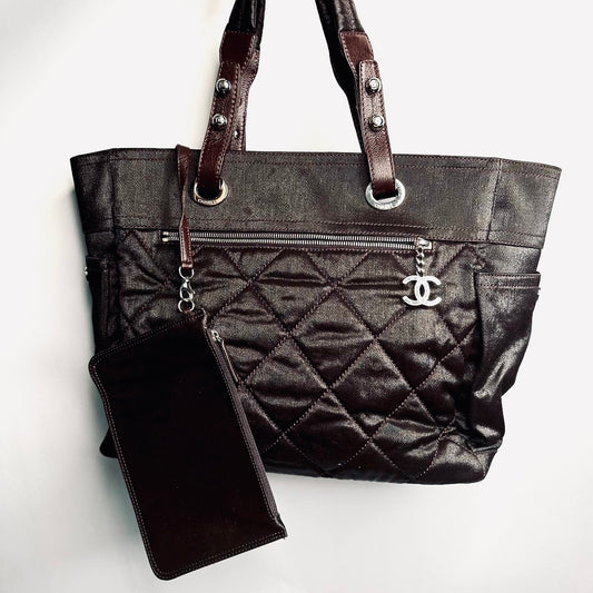 Chanel Dark Brown Paris Biarritz CC Monogram Logo Quilted Fabric & Leather Shopper Shoulder Tote Bag With Pouch 11s