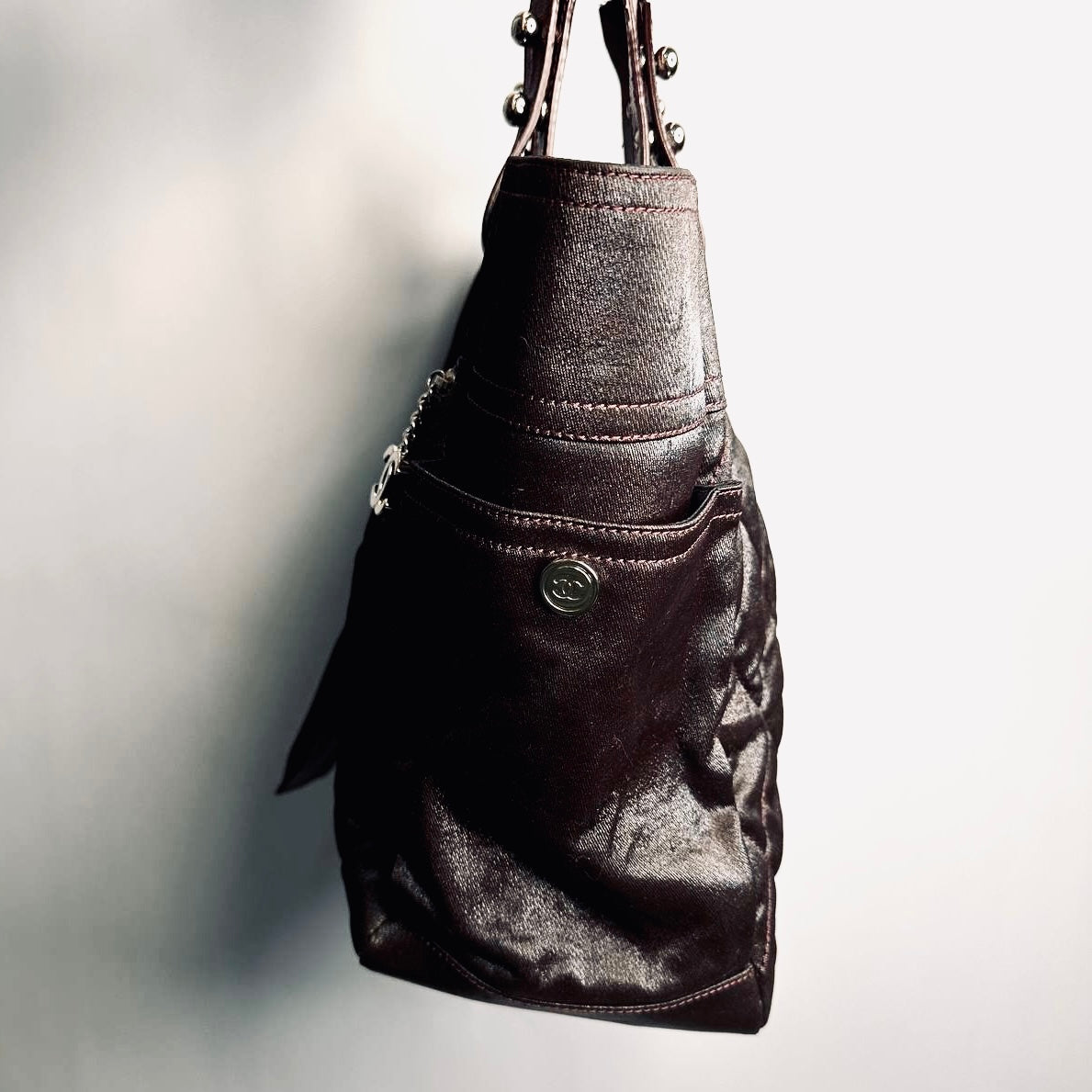 Chanel Dark Brown Paris Biarritz CC Monogram Logo Quilted Fabric & Leather Shopper Shoulder Tote Bag With Pouch 11s