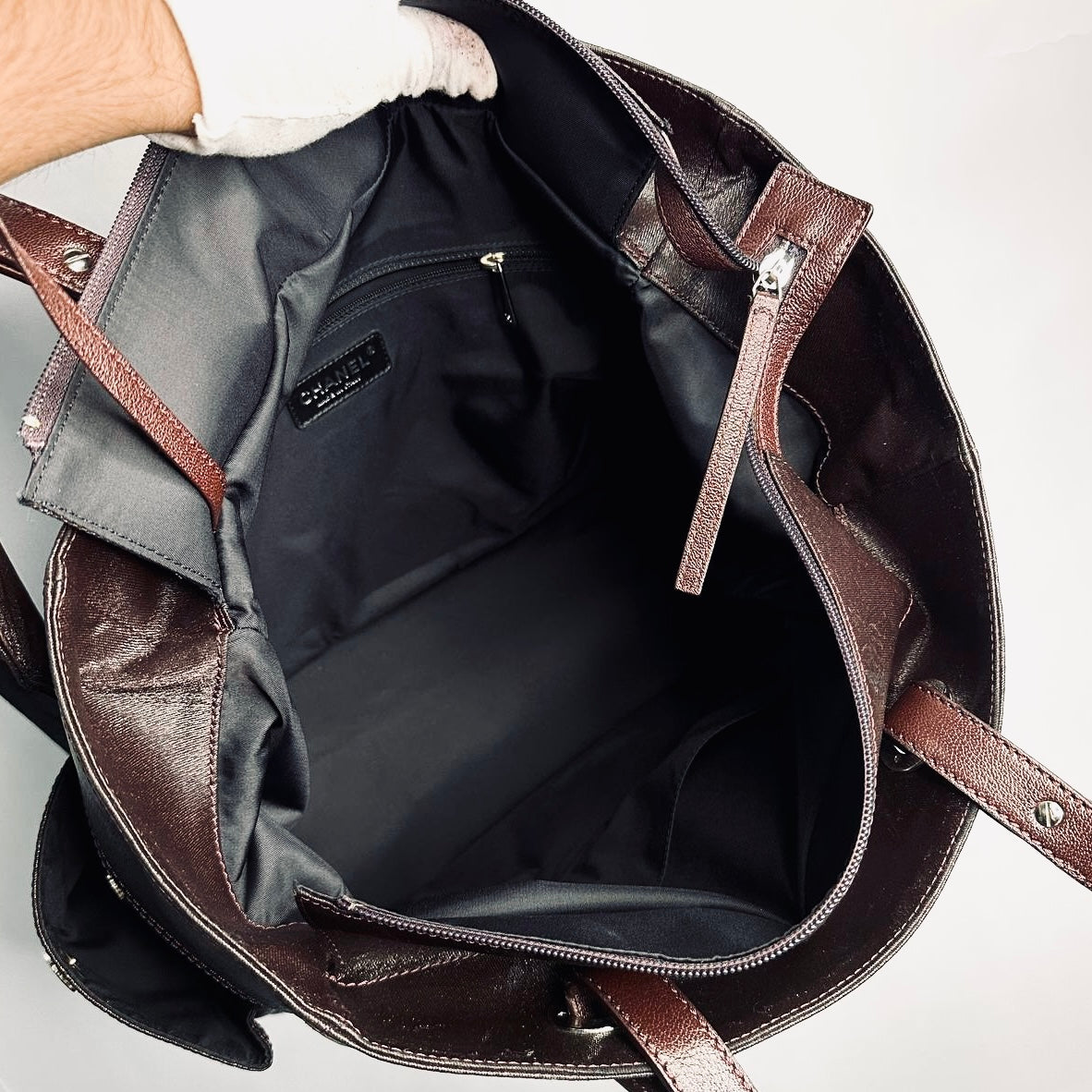 Chanel Dark Brown Paris Biarritz CC Monogram Logo Quilted Fabric & Leather Shopper Shoulder Tote Bag With Pouch 11s