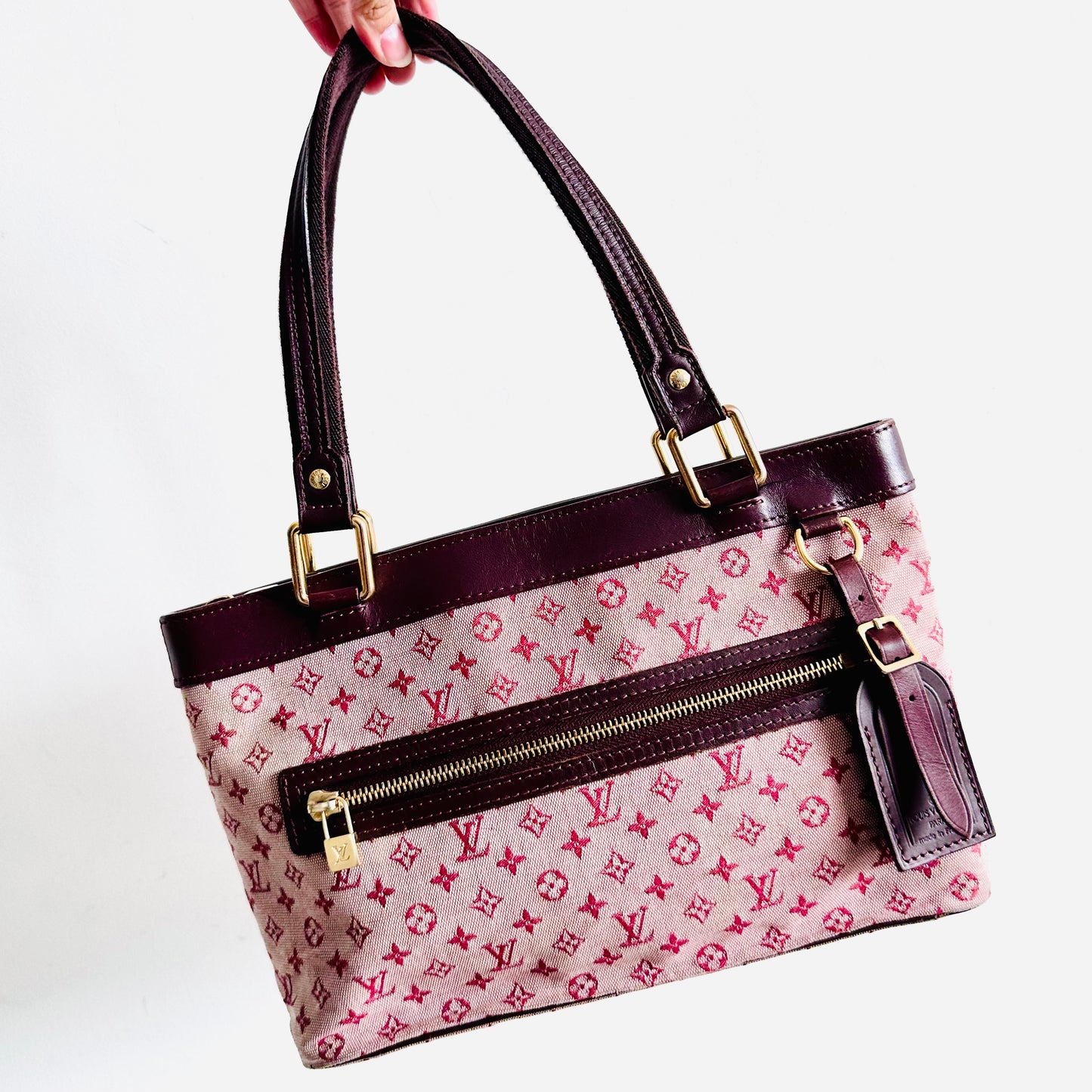 Louis Vuitton LV Lucille PM Mini Lin Pink GHW Monogram Logo Shopper Shoulder Tote Bag