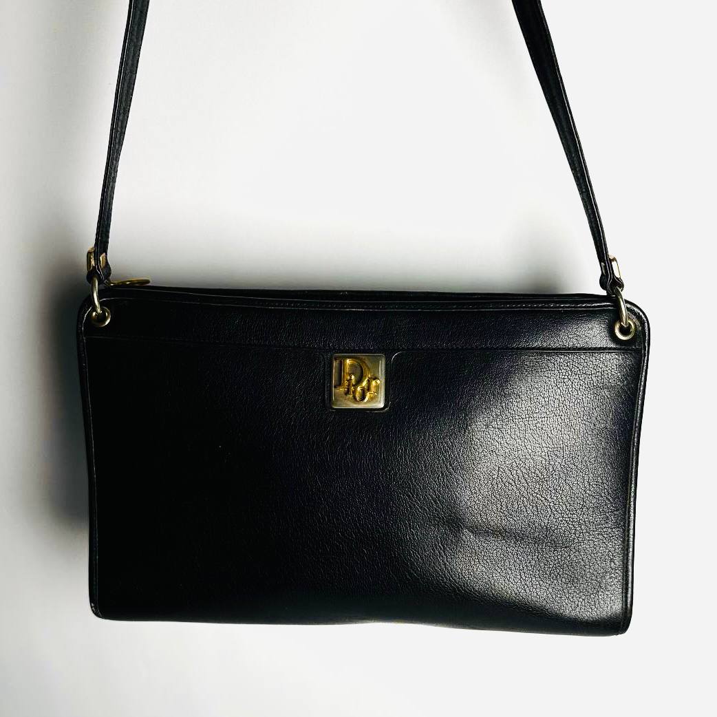 Christian Dior CD Black GHW Monogram Logo Leather Vintage Shoulder Sling Bag