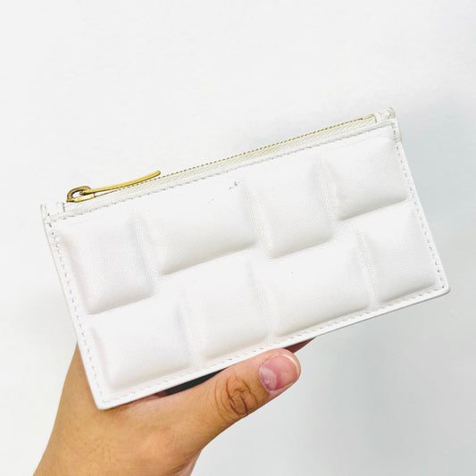 Bottega Veneta BV Padded Cassette White GHW Nappa Leather Zip Flat Cardholder Card Case Zipped Wallet