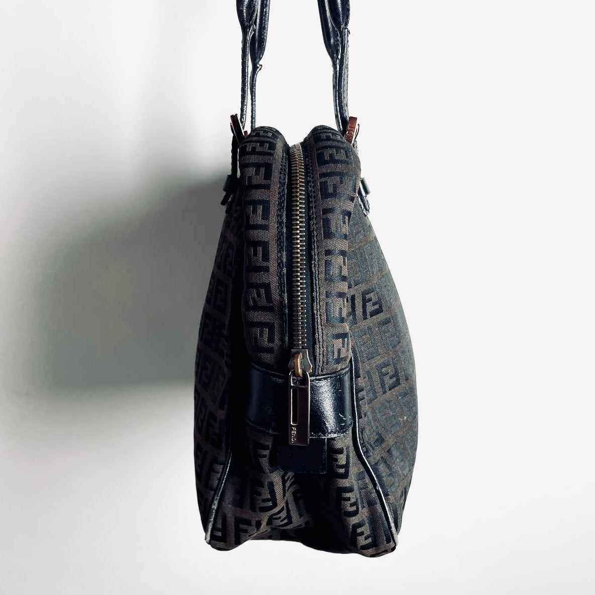 Fendi Zucca Dark Brown FF Monogram Logo Shoulder Shopper Boston Tote Bag