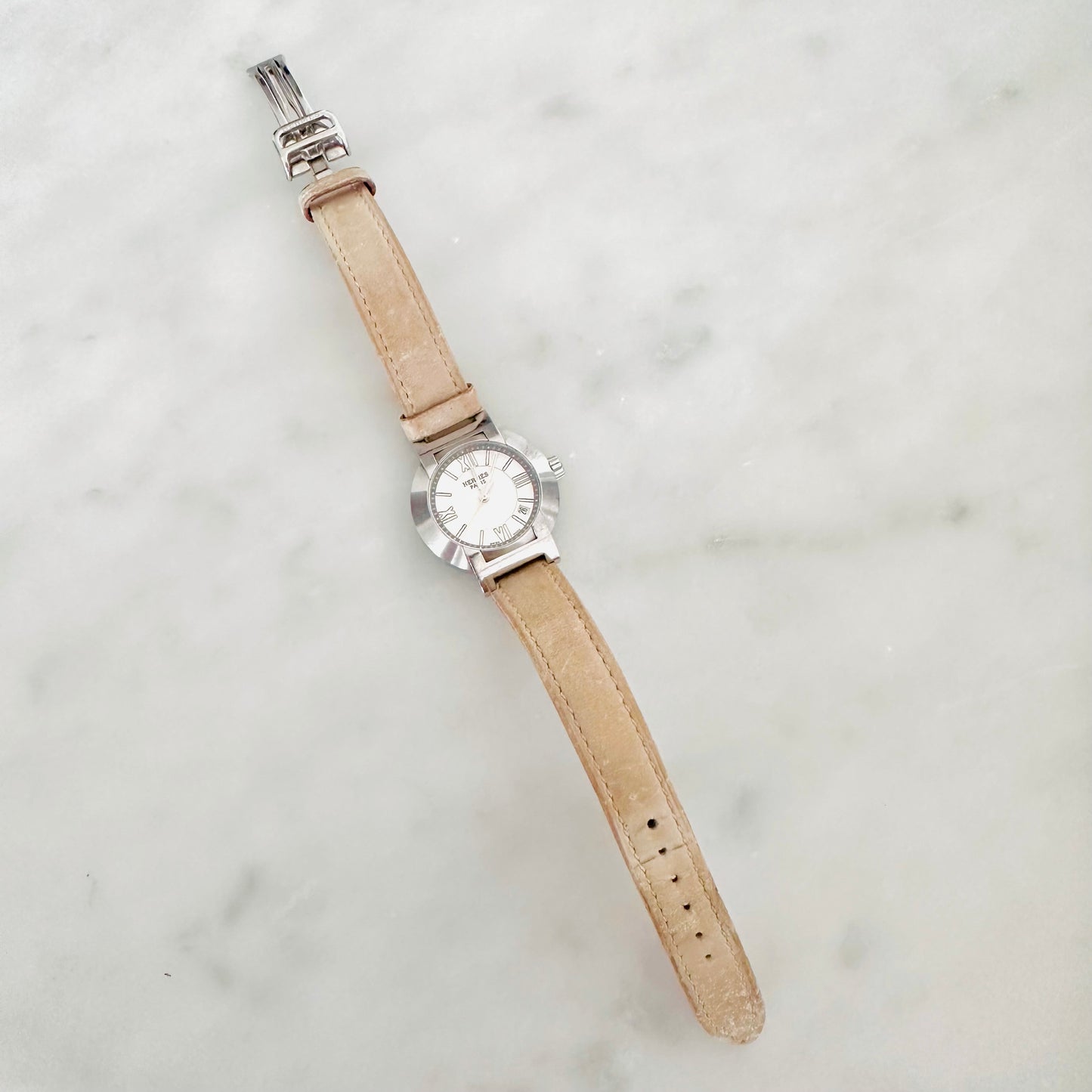 Hermes Nomade Stainless Steel Monogram Logo Automatic Beige Leather Strap 28MM Watch