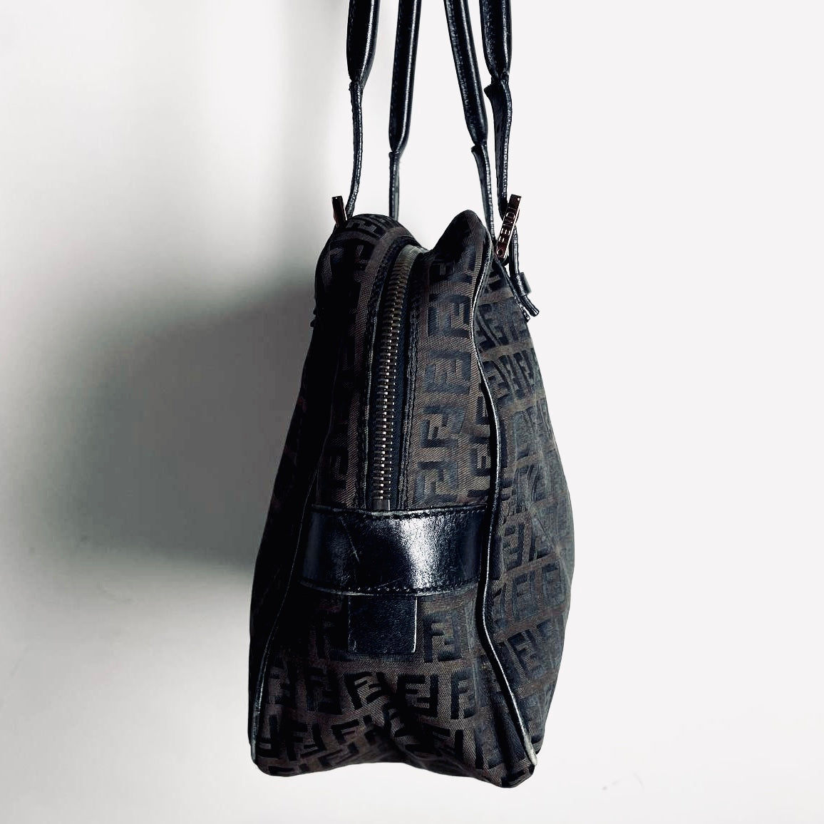 Fendi Zucca Dark Brown FF Monogram Logo Shoulder Shopper Boston Tote Bag