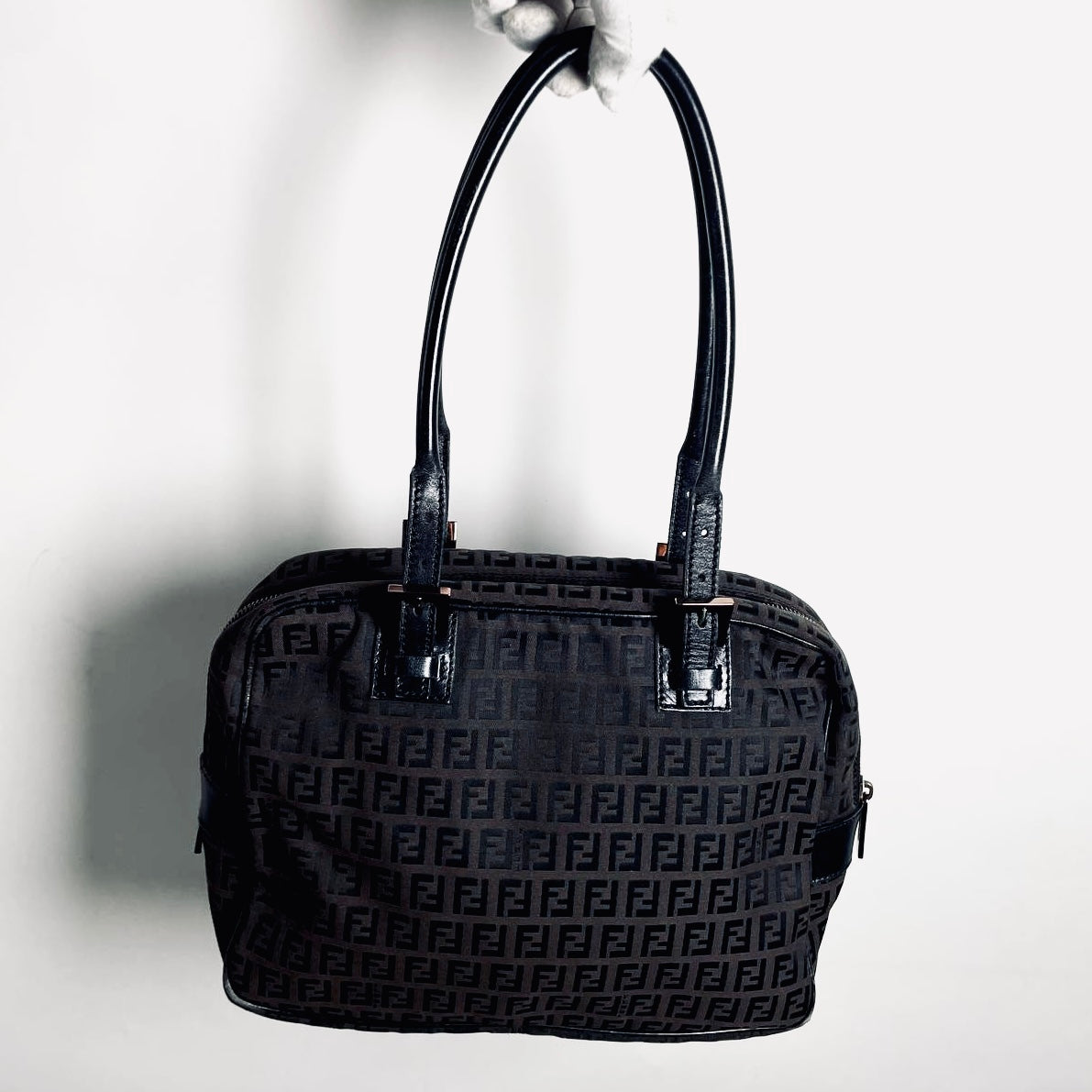 Fendi Zucca Dark Brown FF Monogram Logo Shoulder Shopper Boston Tote Bag