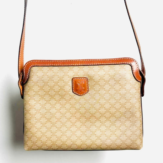 Celine Beige GHW Triomphe Monogram Logo Small Zip Shoulder Sling Bag