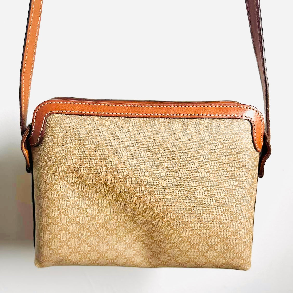 Celine Beige GHW Triomphe Monogram Logo Small Zip Shoulder Sling Bag