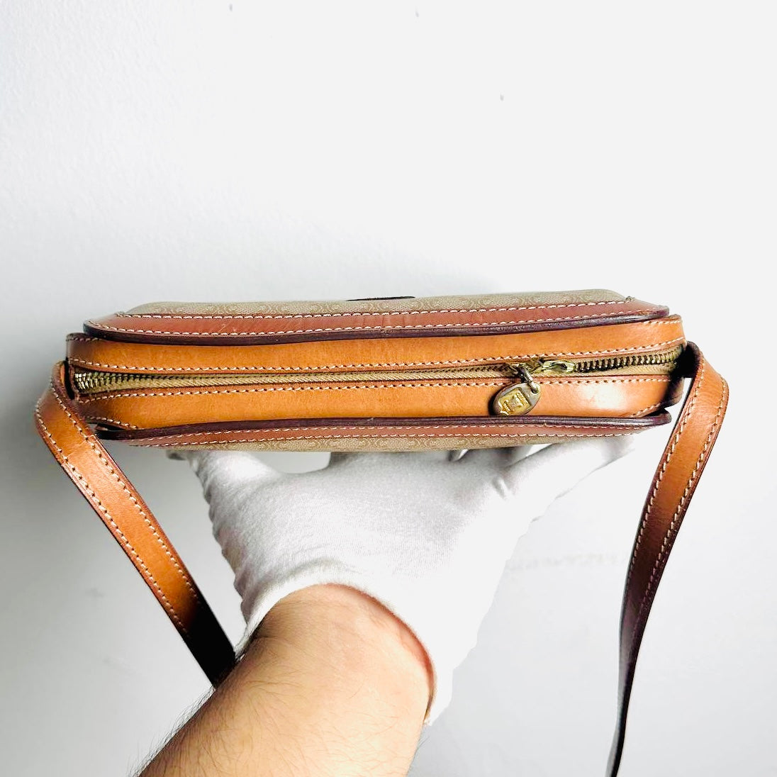 Celine Beige GHW Triomphe Monogram Logo Small Zip Shoulder Sling Bag