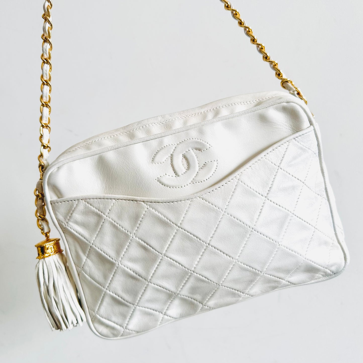 Chanel White GHW Quilted Lambskin Giant CC Logo Vintage Camera Shoulder Sling Bag 0s with Tassel Fringe