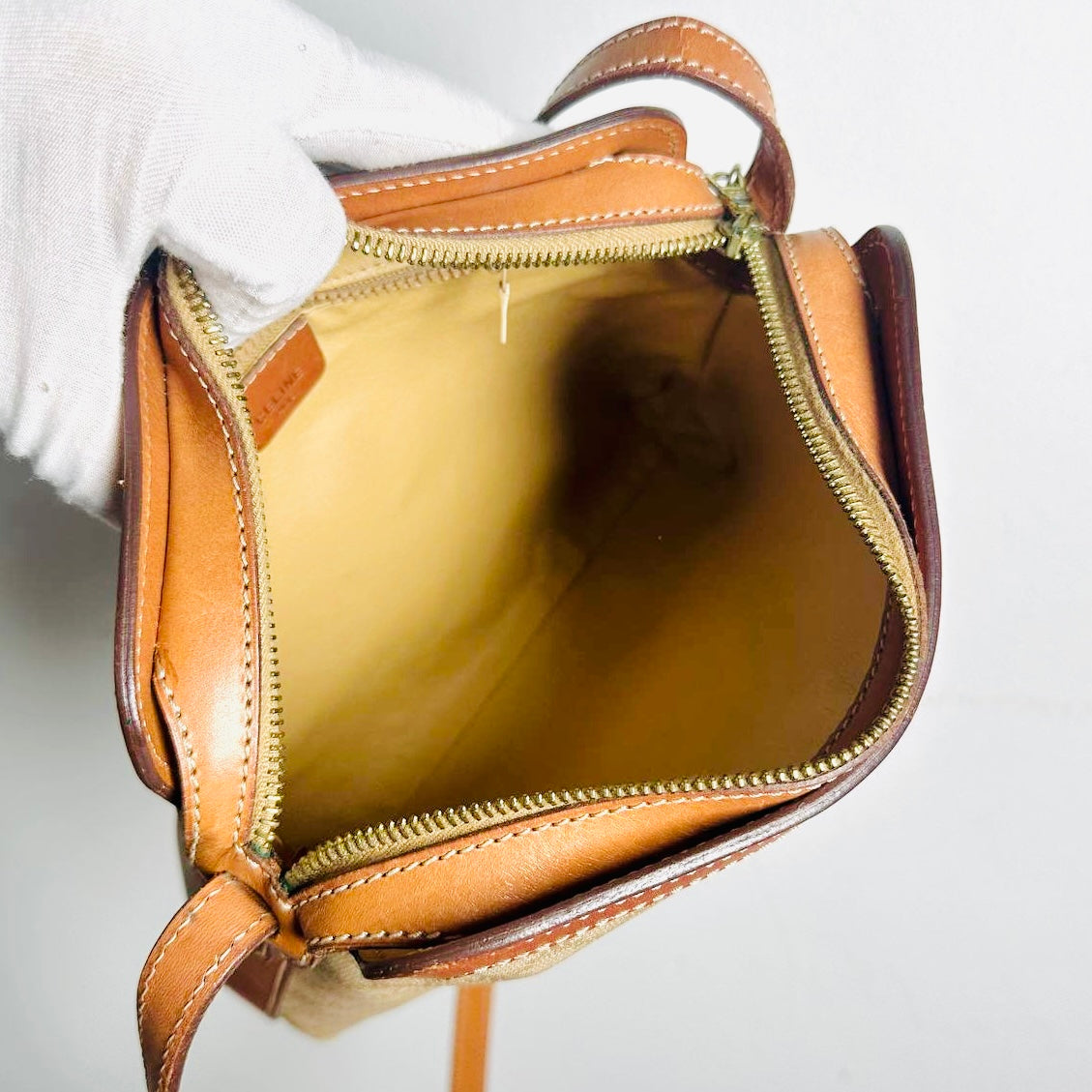 Celine Beige GHW Triomphe Monogram Logo Small Zip Shoulder Sling Bag