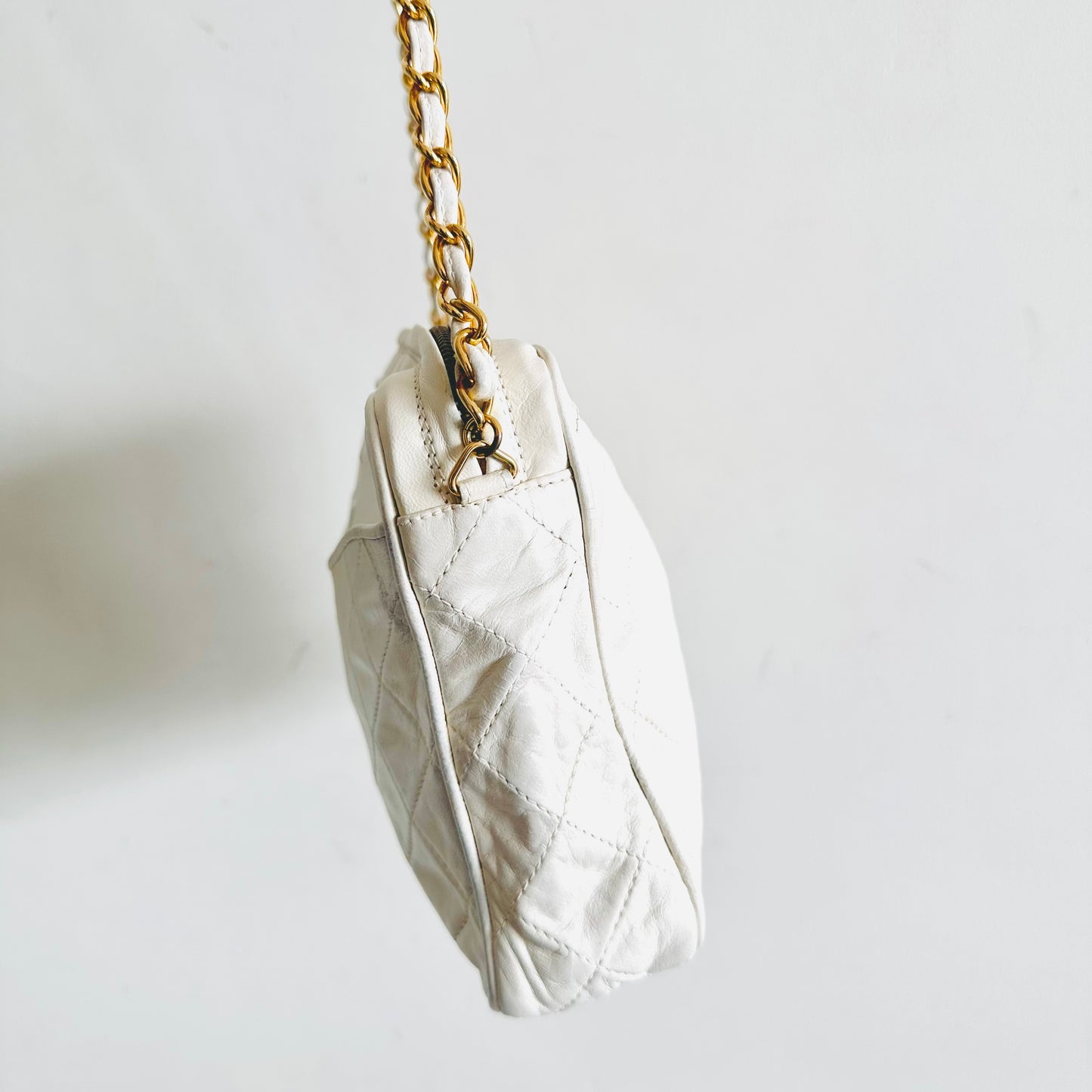 Chanel White GHW Quilted Lambskin Giant CC Logo Vintage Camera Shoulder Sling Bag 0s with Tassel Fringe