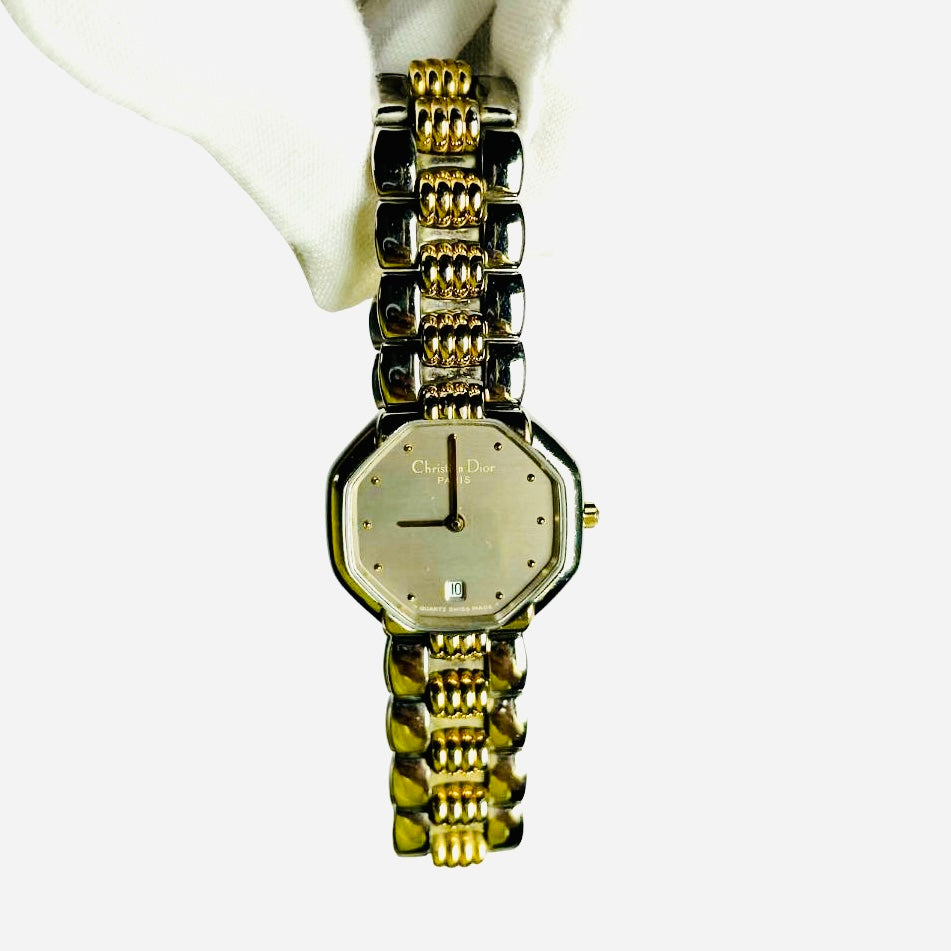 Christian Dior CD Grey Dial Monogram Logo Octagon Stainless Steel & Gold 25MM Quartz Watch