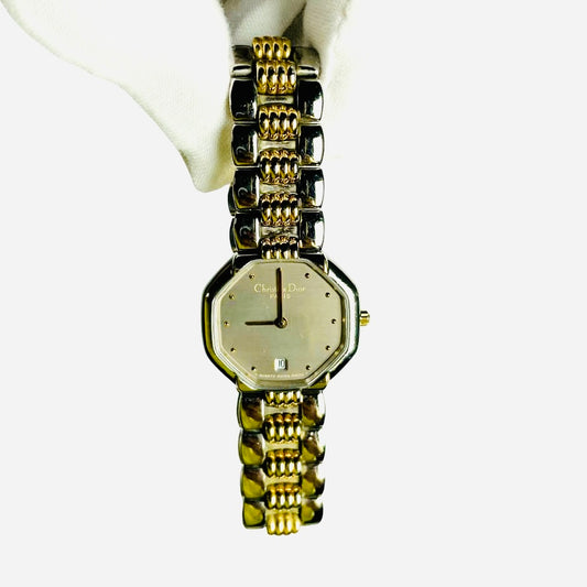 Christian Dior CD Grey Dial Monogram Logo Octagon Stainless Steel & Gold 25MM Quartz Watch