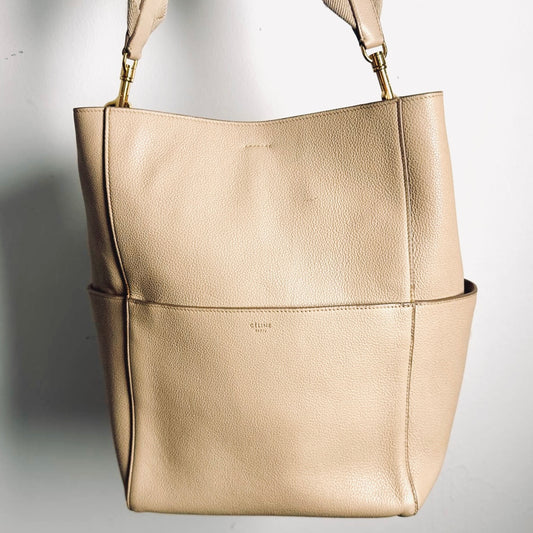 Celine Sangle Sand Taupe Beige GHW Bucket Shoulder Sling Bag Supple Grained Calfskin Leather
