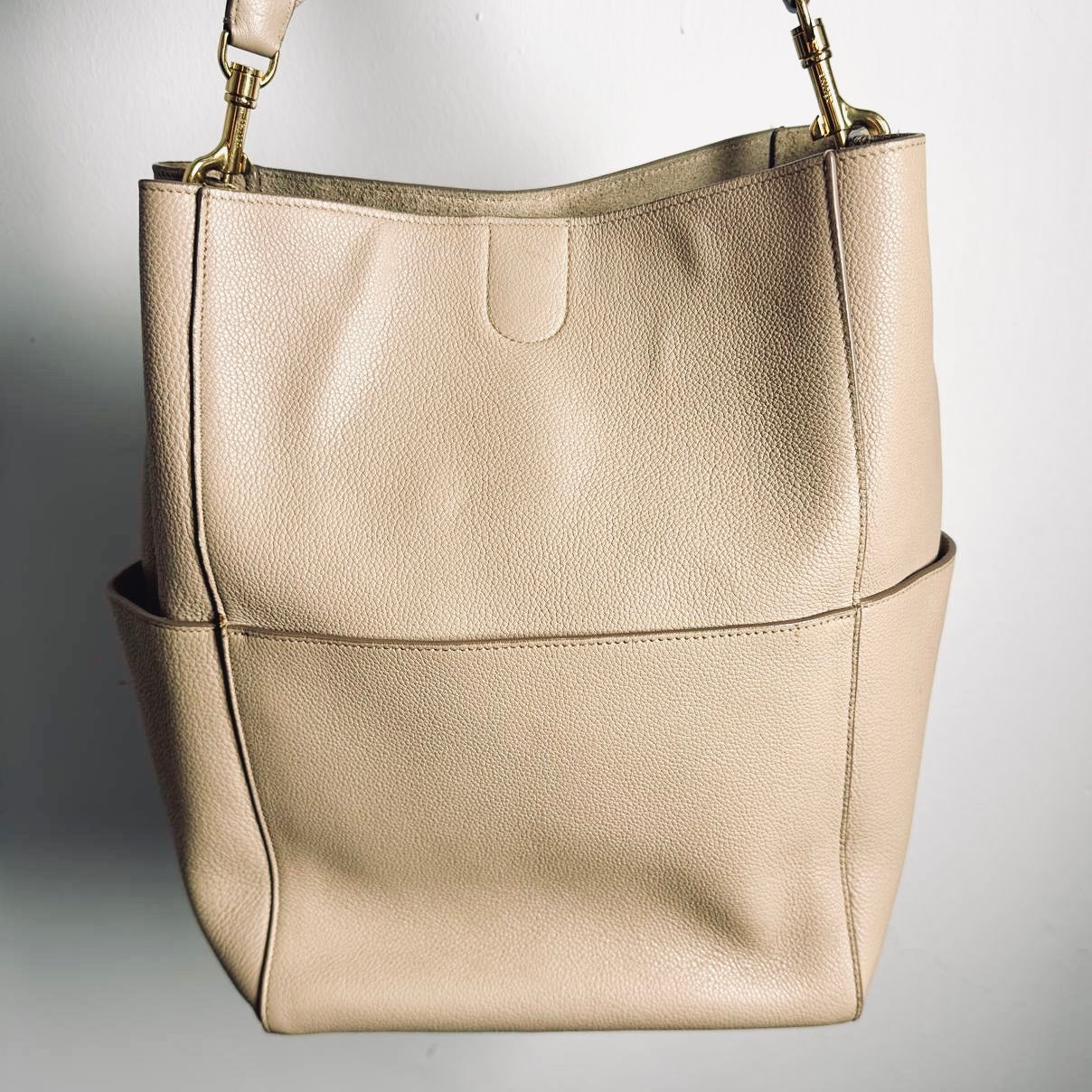 Celine Sangle Sand Taupe Beige GHW Bucket Shoulder Sling Bag Supple Grained Calfskin Leather