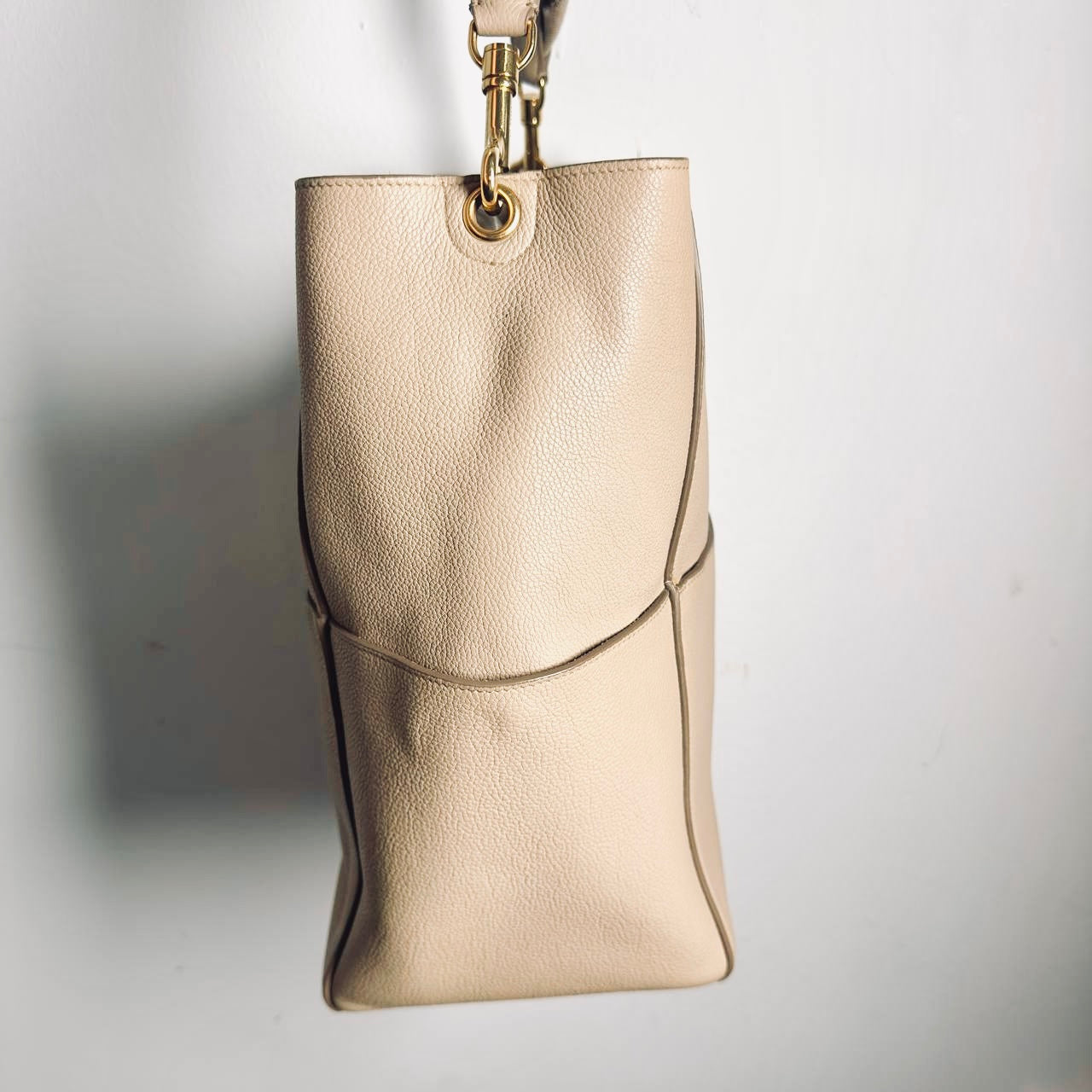 Celine Sangle Sand Taupe Beige GHW Bucket Shoulder Sling Bag Supple Grained Calfskin Leather