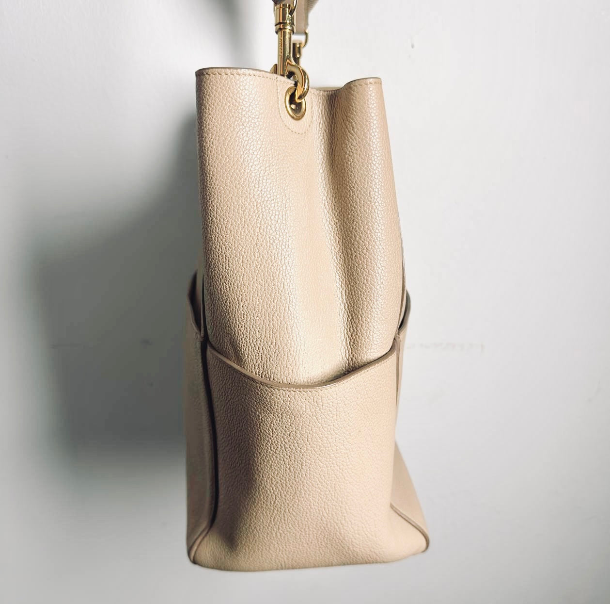 Celine Sangle Sand Taupe Beige GHW Bucket Shoulder Sling Bag Supple Grained Calfskin Leather