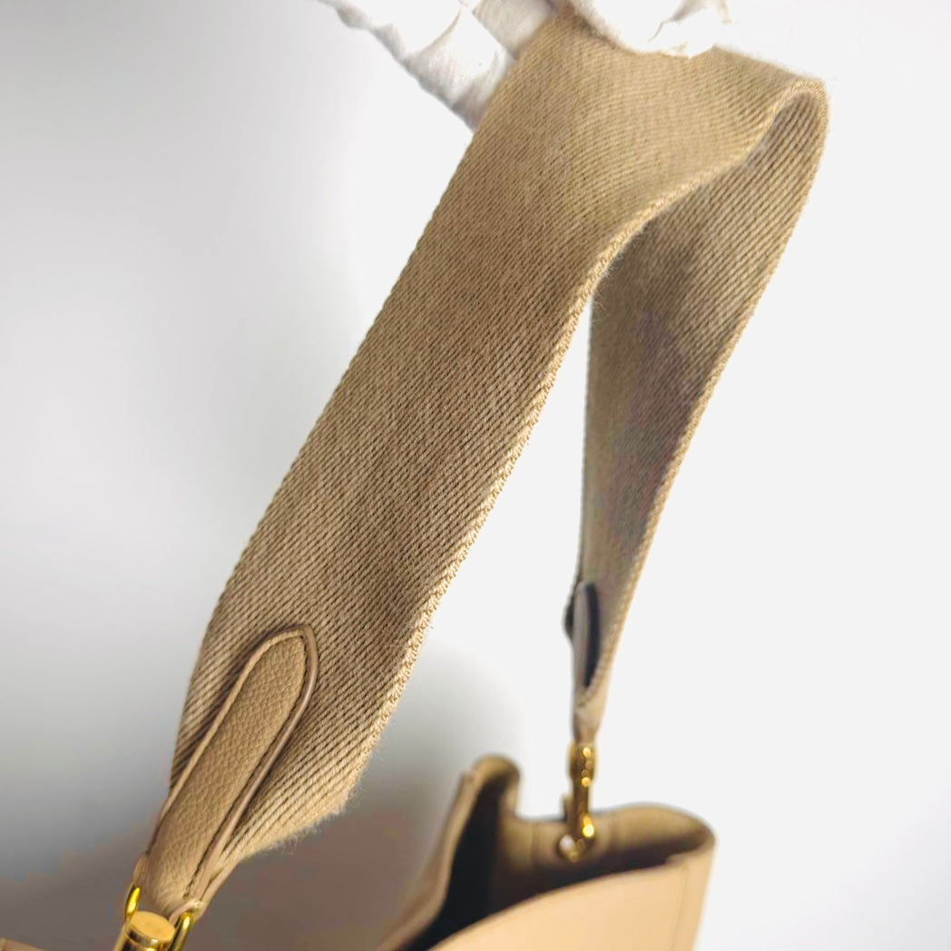 Celine Sangle Sand Taupe Beige GHW Bucket Shoulder Sling Bag Supple Grained Calfskin Leather