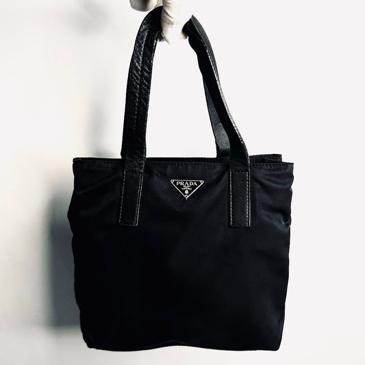 Prada Black Basic Tessuto Nylon Monogram Logo Classic Shopper Tote Bag