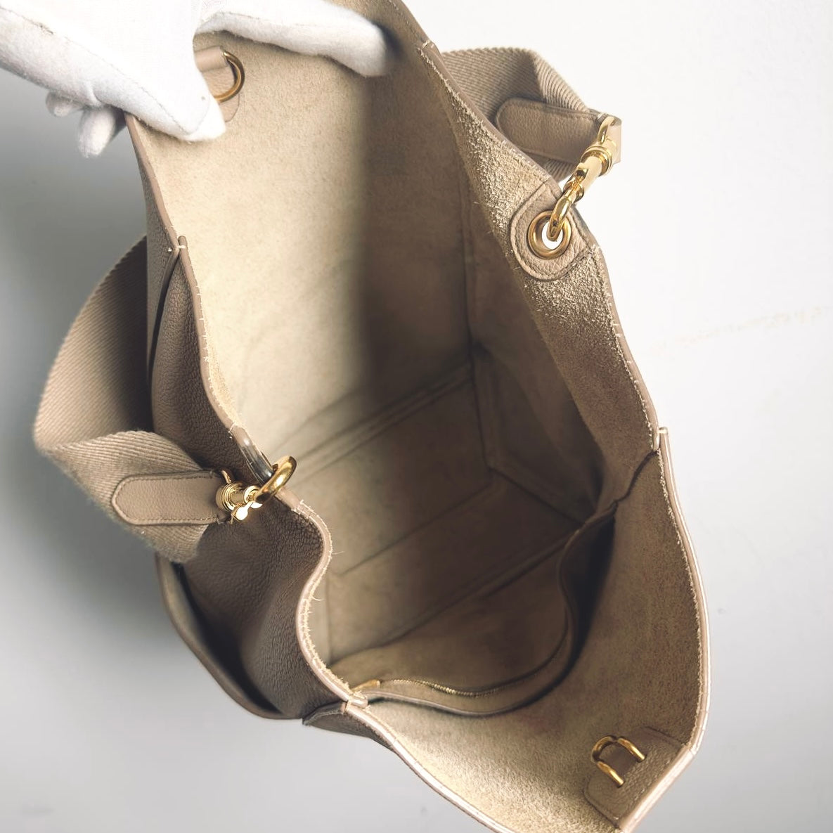 Celine Sangle Sand Taupe Beige GHW Bucket Shoulder Sling Bag Supple Grained Calfskin Leather