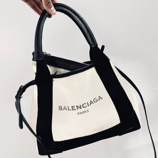 Balenciaga Black / White Cabas Monogram Logo XS 2-Way Structured Shoulder Sling Tote Bag With Pouch