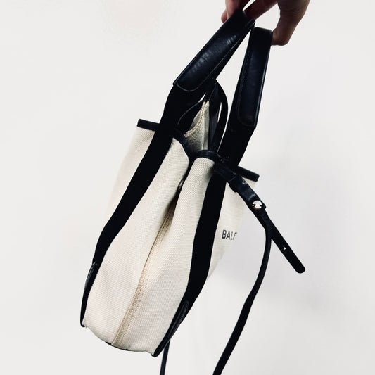 Balenciaga Black / White Cabas Monogram Logo XS 2-Way Structured Shoulder Sling Tote Bag With Pouch