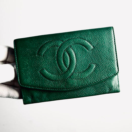 Chanel Jade Green GHW Caviar Giant CC Monogram Logo Vintage Flap Compact Wallet 4s