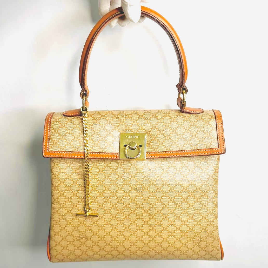 Celine Beige Kelly Triomphe Macadam GHW Monogram Logo Flap Vintage Top Handle Bag