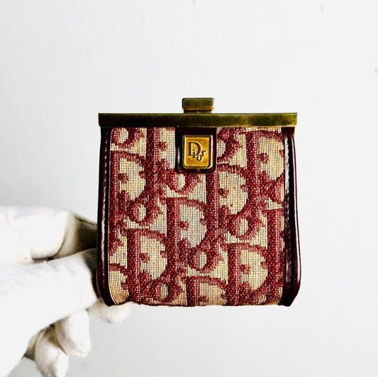 Christian Dior CD Maroon Red GHW Oblique Monogram Logo Coin Purse Pouch Case Wallet