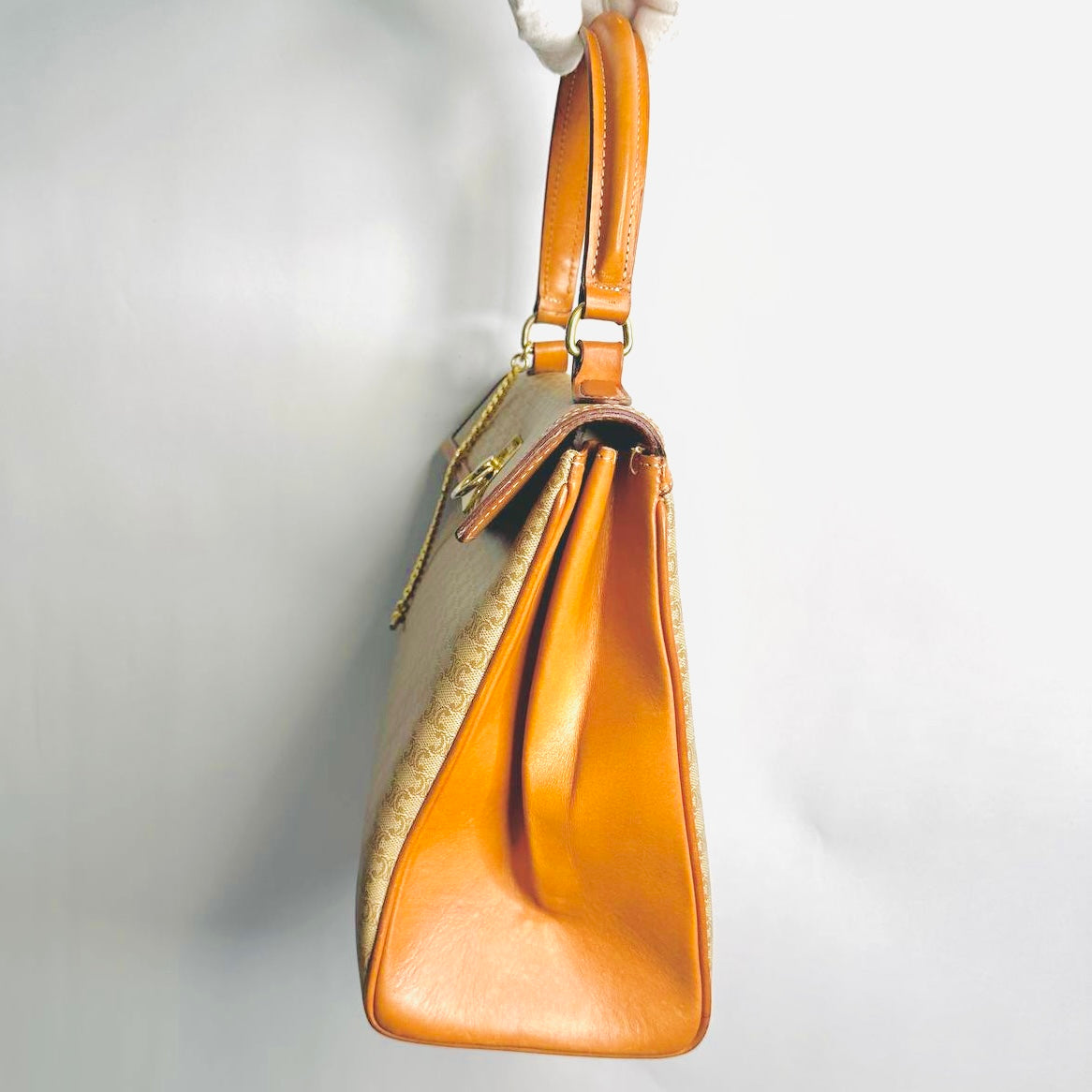 Celine Beige Kelly Triomphe Macadam GHW Monogram Logo Flap Vintage Top Handle Bag