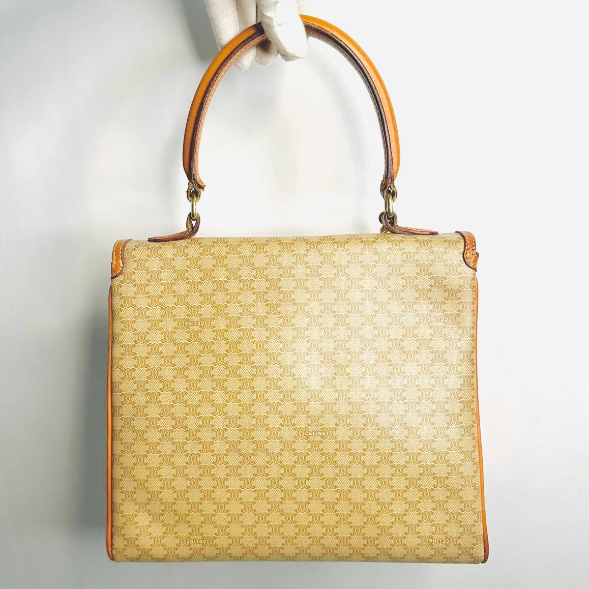 Celine Beige Kelly Triomphe Macadam GHW Monogram Logo Flap Vintage Top Handle Bag