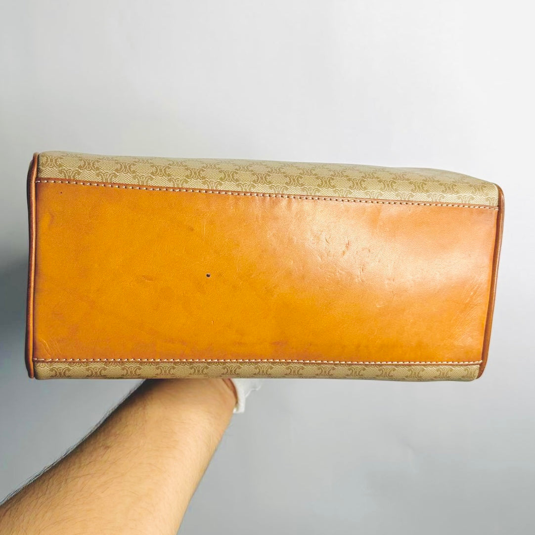 Celine Beige Kelly Triomphe Macadam GHW Monogram Logo Flap Vintage Top Handle Bag