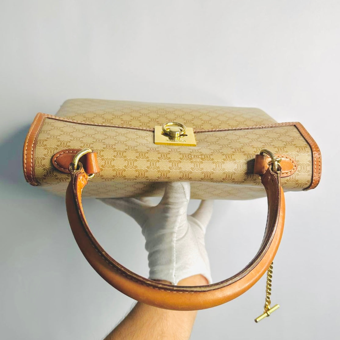 Celine Beige Kelly Triomphe Macadam GHW Monogram Logo Flap Vintage Top Handle Bag