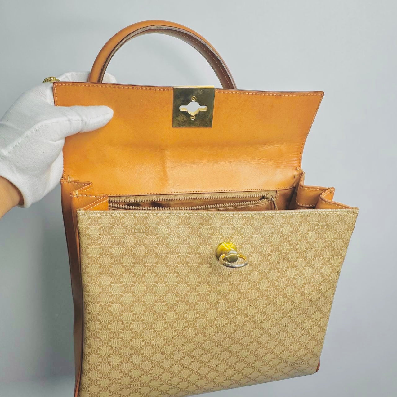 Celine Beige Kelly Triomphe Macadam GHW Monogram Logo Flap Vintage Top Handle Bag