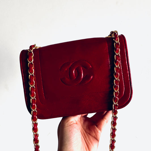 Chanel Cherry Red GHW CC Logo Mini Single Full Flap Quilted Lambskin Vintage Shoulder Sling Bag 0s