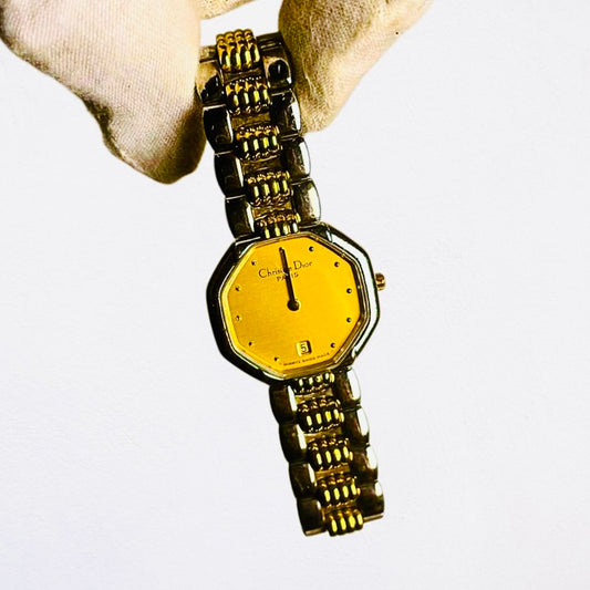 Christian Dior CD Monogram Logo Gold Dial Octagon Gold & Silver Stainless Steel Quartz 25MM Watch