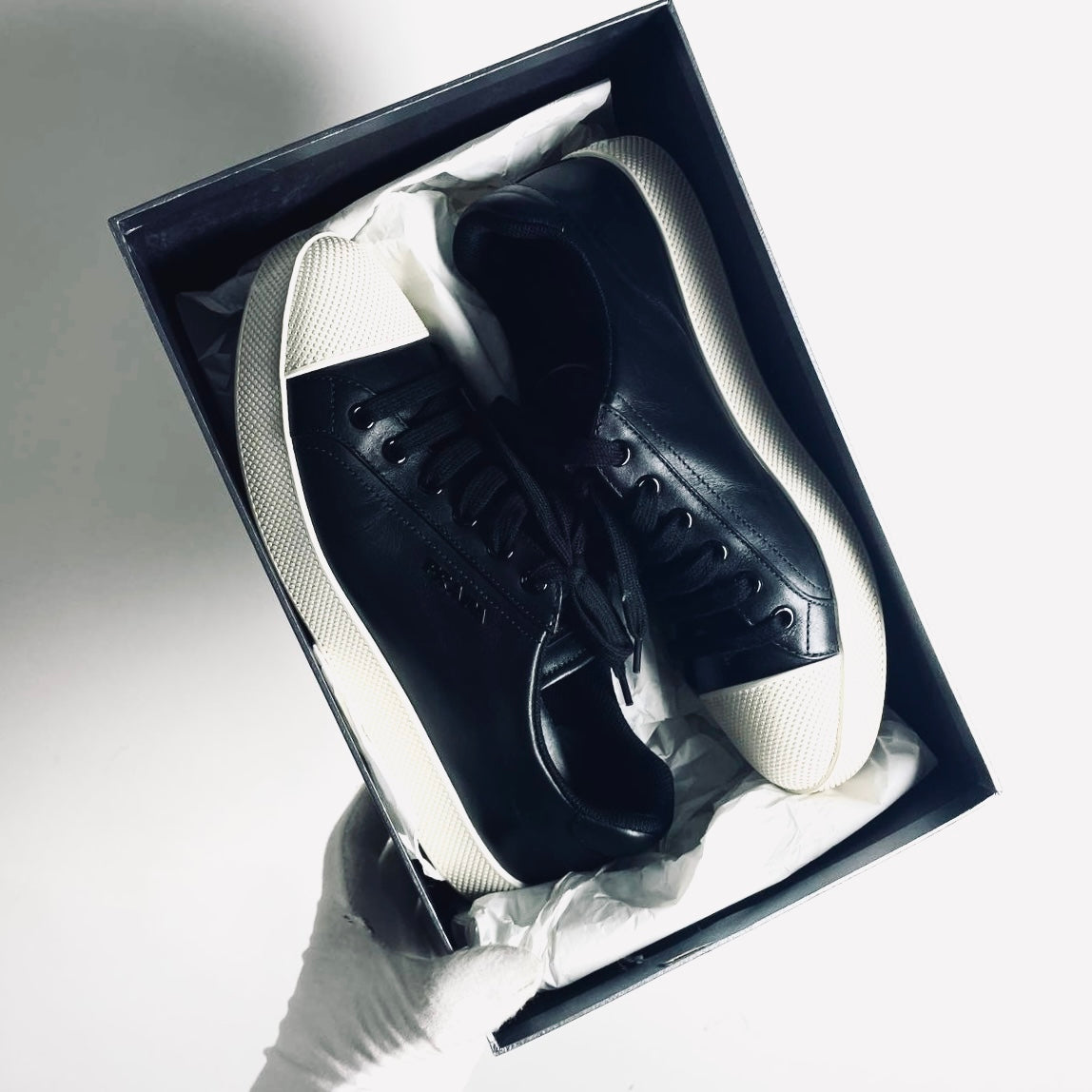 Prada Black / White Monogram Logo Smooth Leather Lace Up Sneakers Shoes